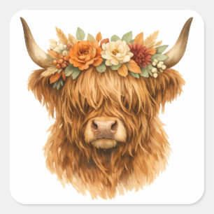 Boho Highland Cow Throw Pillow with Floral Crown Square Sticker