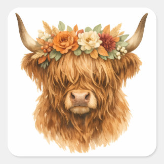 Boho Highland Cow Throw Pillow with Floral Crown | Square Sticker