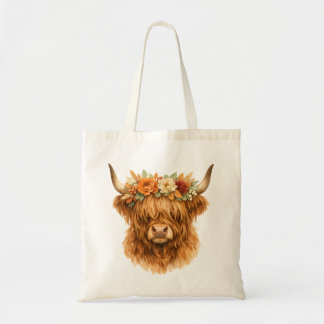 Boho Highland Cow Throw Pillow with Floral Crown | Tote Bag