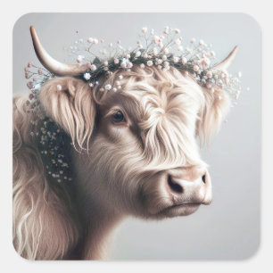 Boho Highland Cow With Baby's Breath Crown Square Sticker