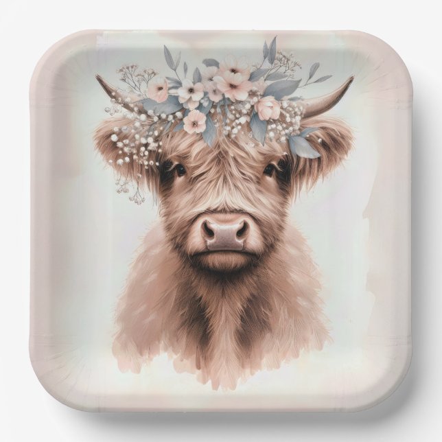 Boho Highland Cow With Bridal Floral Crown Paper Plate (Front)