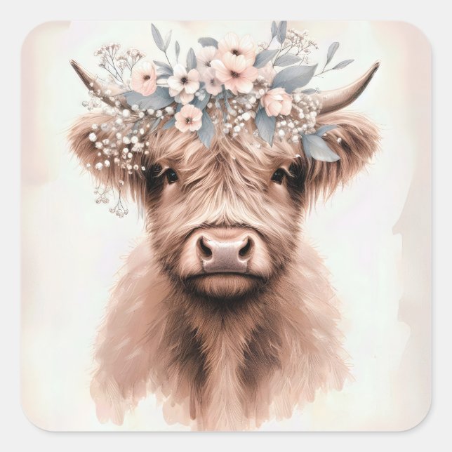 Boho Highland Cow With Floral Bridal Crown Square Sticker (Front)