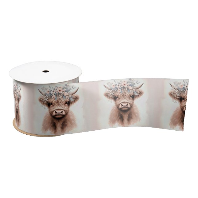 Boho Highland Cow With Flowering Laurel Satin Ribbon (Spool)