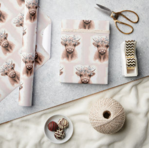 Boho Highland Cow With Flowering Laurel Wrapping Paper