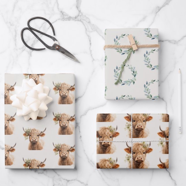 Boho Highland Cow Wrapping Paper Sheet (Front)