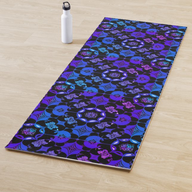 Boho Hippie Blue Purple Patterned Groovy Retro Yoga Mat (In Situ)