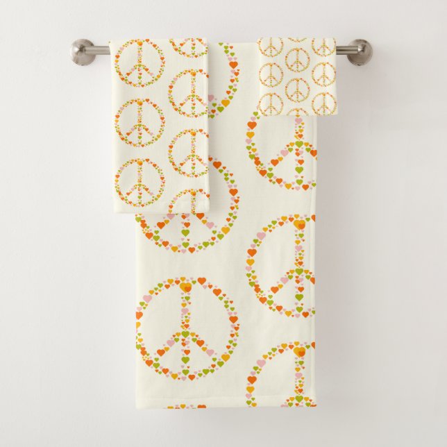 Boho Hippie Floral Peace Sign Pattern in Yellow  Bath Towel Set (Insitu)