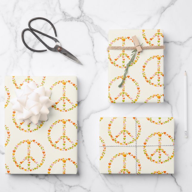 Boho Hippie Floral Peace Sign Pattern in Yellow Wrapping Paper Sheet (Front)