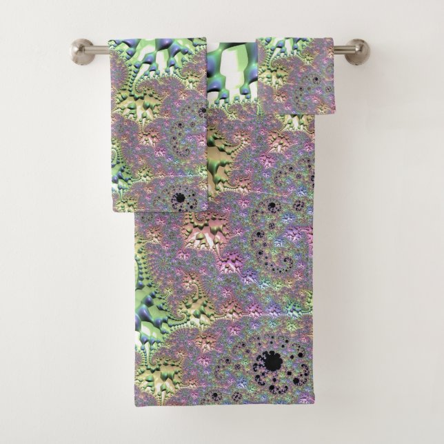 Boho Hippie Groovy Shiny Colourful Rainbow Fractal Bath Towel Set (Insitu)