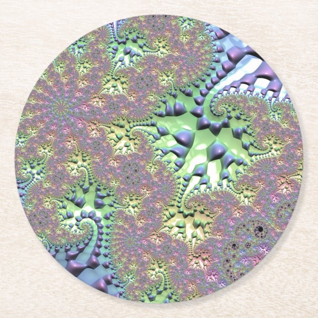Boho Hippie Groovy Shiny Colourful Rainbow Fractal Round Paper Coaster (Front)