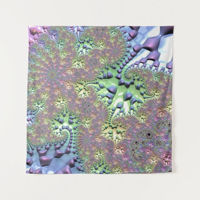 Boho Hippie Groovy Shiny Colourful Rainbow Fractal Tapestry (Front)