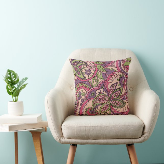 Boho Hippie Pink/Green/Purple Floral Paisley 16X16 Cushion (Chair)