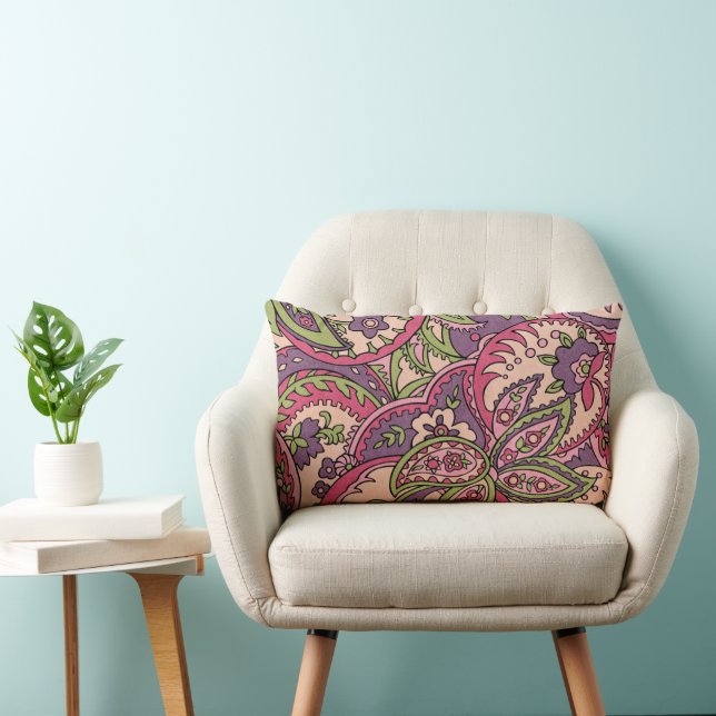 Boho Hippie Pink/Green/Purple Floral Paisley Lumbar Cushion (Chair)