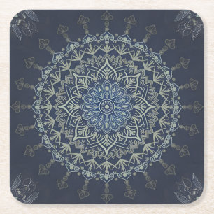 Boho Hippie Tibetan Style Blue Intricate Mandala Square Paper Coaster