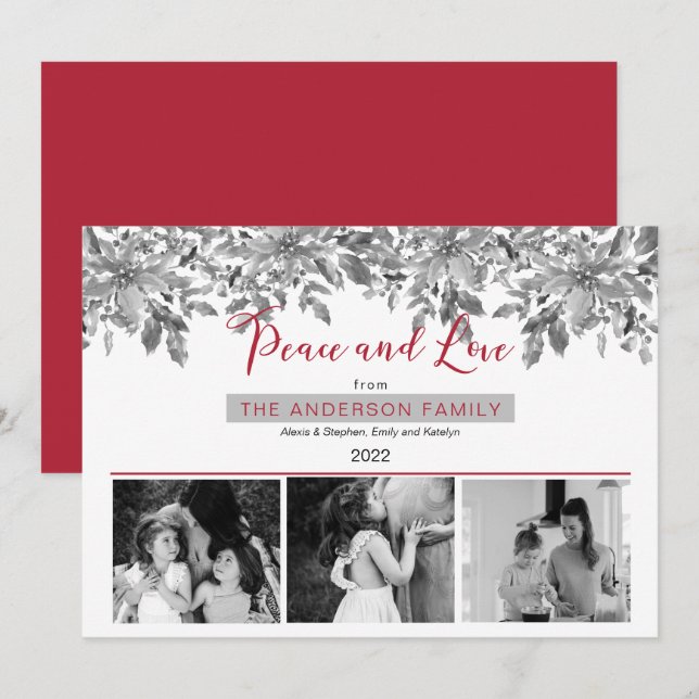 Boho Holiday Greenery Peace and Love 3 Photo Card (Front/Back)
