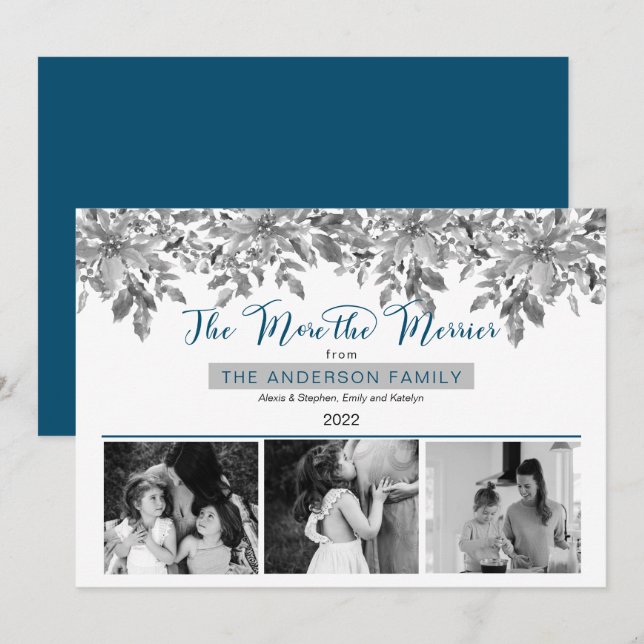 Boho Holiday Greenery The More the Merrier 3 Photo Card (Front/Back)