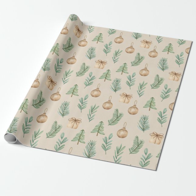 Boho Holiday Watercolor Christmas Wrapping Paper (Unrolled)