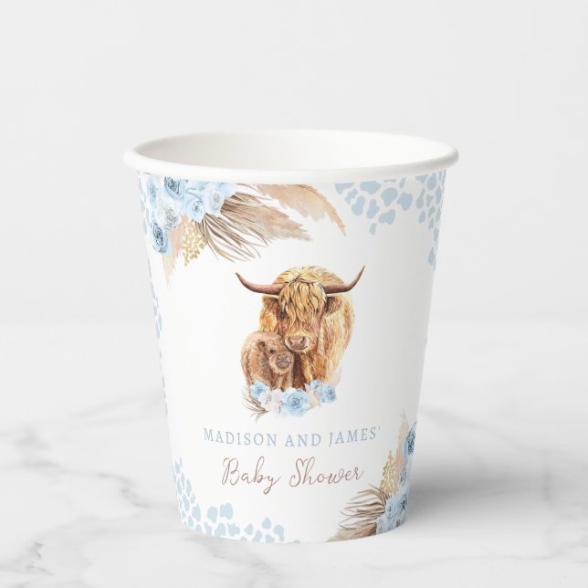 Boho Holy Cow Blue Pampas Grass Boy Baby Shower Paper Cups (Front)