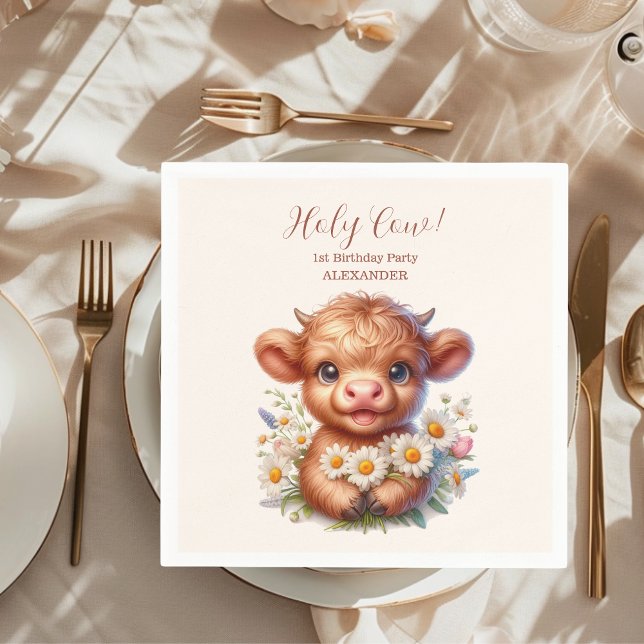 Boho Holy Cow Highland Cow 1st Birthday Napkin (Creator Uploaded)