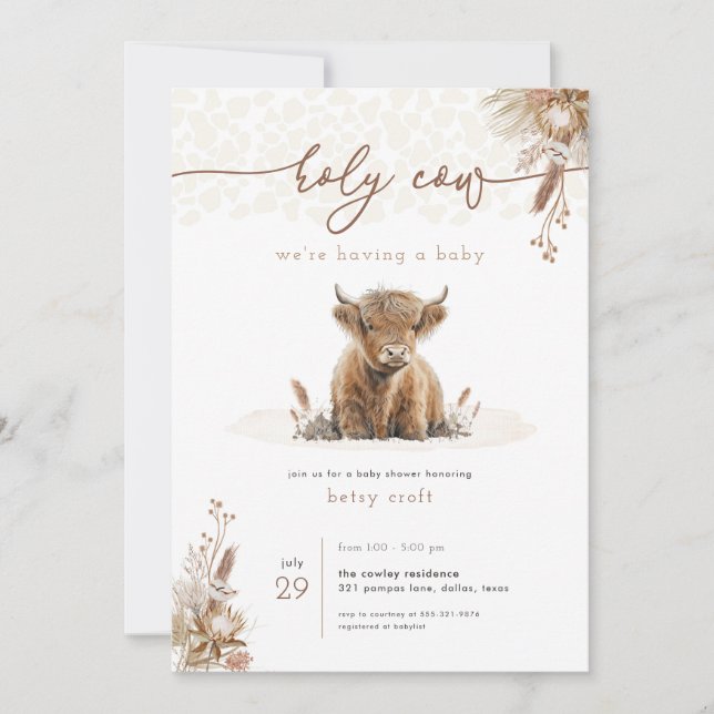Boho Holy Cow Highland Cow Baby Shower Invitation  (Front)