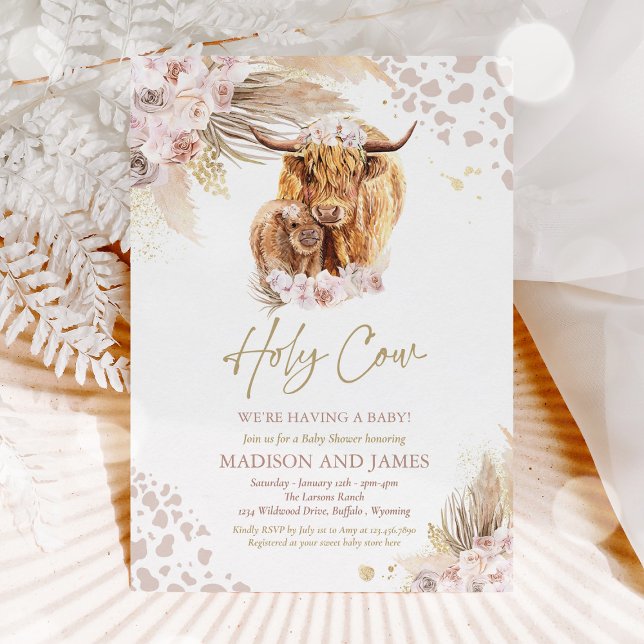 Boho Holy Cow Pink Pampas Grass Baby Shower Invitation (Creator Uploaded)