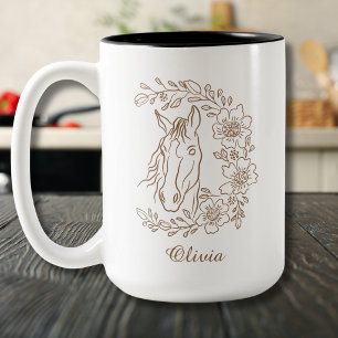 Boho Horse Floral Line Art with Name Two-Tone Coffee Mug
