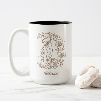 Boho Horse Head Portrait Line Art Floral Wreath Two-Tone Coffee Mug