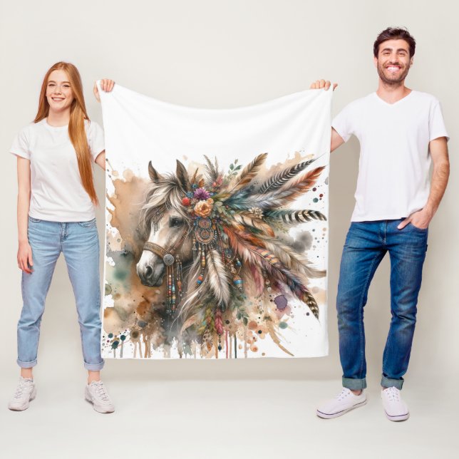 Boho Horse with feathers Fleece Blanket (In Situ)