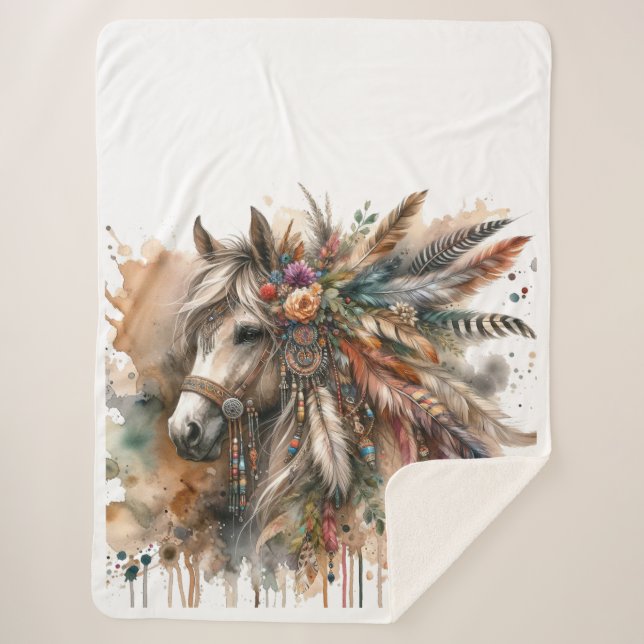 Boho Horse with feathers Sherpa Blanket (Front)
