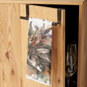 Boho Horse with feathers Tea Towel