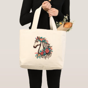 Boho Horse with Flowers, Floral Horse Lover Large Tote Bag