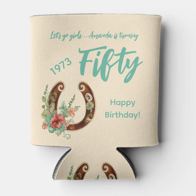 Boho Horseshoe Wildflowers Fiftieth Birthday Can Cooler (Front)