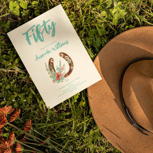 Boho Horseshoe Wildflowers Fiftieth Birthday Invitation