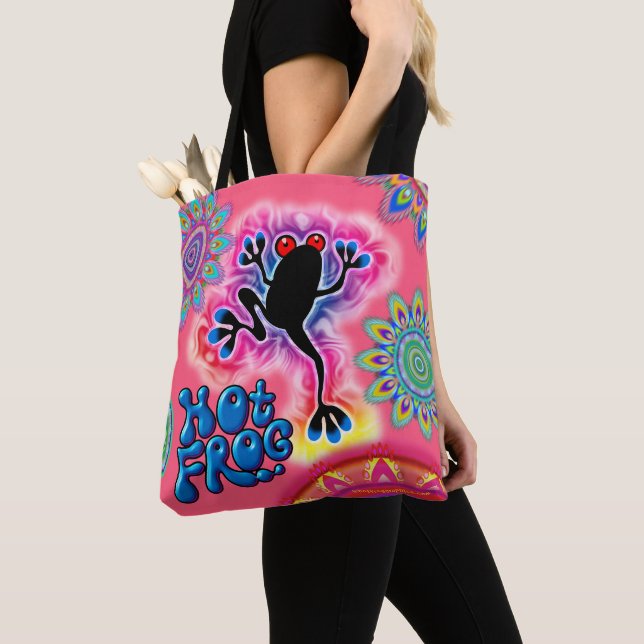 Boho Hot Frog Surf psychedelic Tote bag pink. (Close Up)