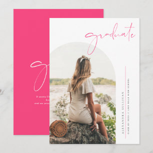 Boho Hot Pink Minimalist Arch Photo Graduation Announcement