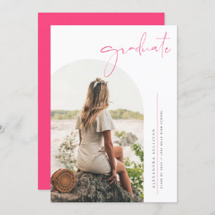 Boho Hot Pink Minimalist Arch Photo Graduation Announcement