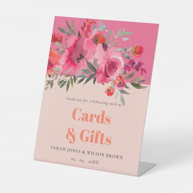 Boho Hot Pink Orange Floral Gift & Cards Party Pedestal Sign (Front)
