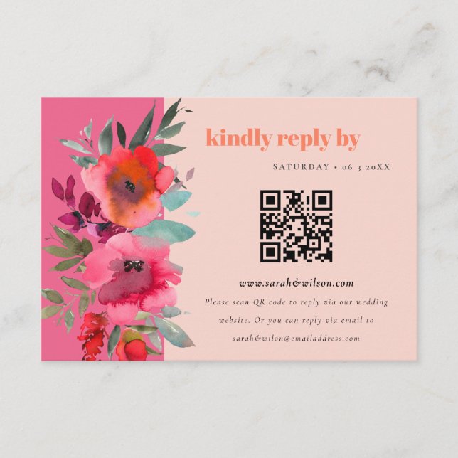 Boho Hot Pink Orange Floral Wedding QR Coding RSVP Enclosure Card (Front)