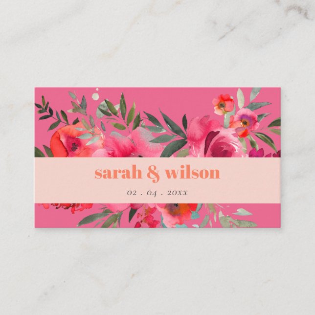 Boho Hot Pink Orange Floral Wedding Website Enclosure Card (Front)