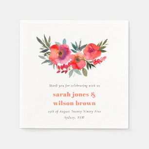Boho Hot Pink Orange Watercolor Floral Wedding Napkin