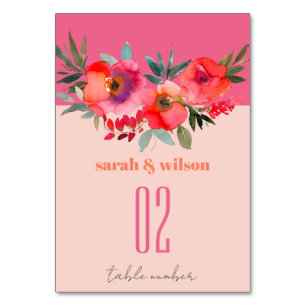 Boho Hot Pink Orange Watercolor Floral Wedding Table Number