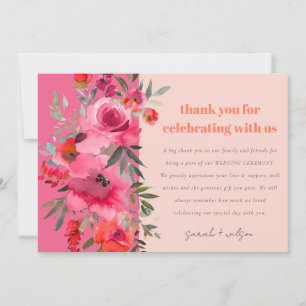Boho Hot Pink Orange Watercolor Floral Wedding Thank You Card