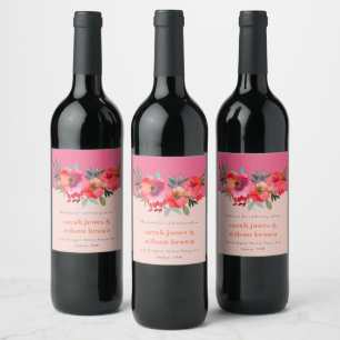 Boho Hot Pink Orange Watercolor Floral Wedding Wine Label