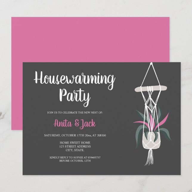 Boho house plants floral grey pink housewarming invitation (Front/Back)