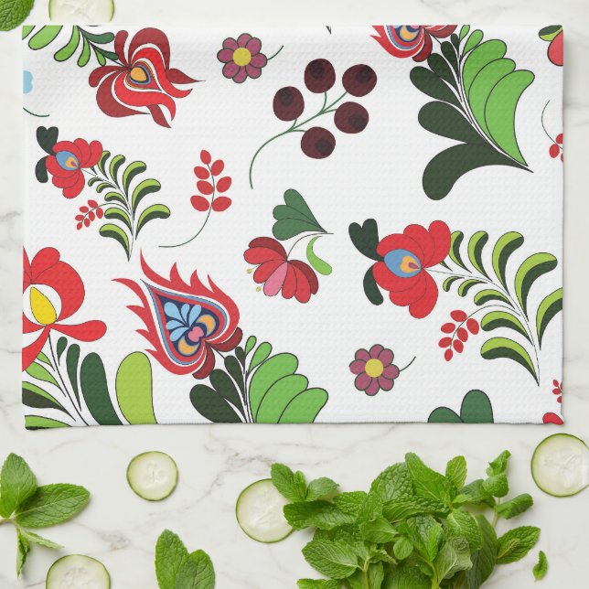 Boho Hungarian Folk Floral Design for Home or Gift Tea Towel (Folded)