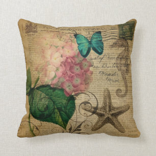 boho Hydrangea butterfly starfish French Botanical Cushion