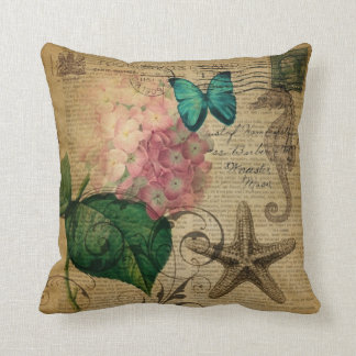 boho Hydrangea butterfly starfish French Botanical Cushion