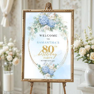 Boho Hydrangeas Dusty Blue 80th birthday welcome Poster