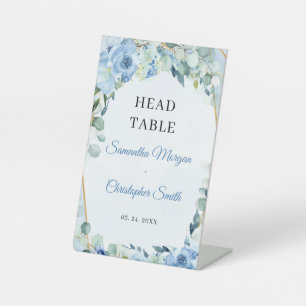 Boho Ice blue floral eucalyptus & gold Head Table  Pedestal Sign