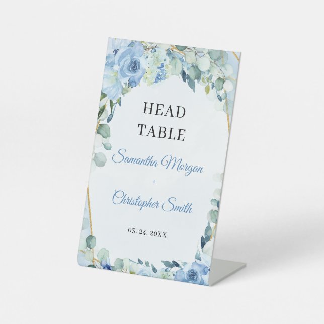 Boho Ice blue floral eucalyptus & gold Head Table  Pedestal Sign (Front)